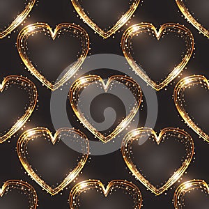 Neon Lights seamless pattern with glow effect, colorful shiny hearts, abstract shapes on a black background