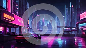 neon lights and signs in a futuristic cyberpunk city. futuristic structures in a cyberpunk city. Generative AI Illustration.