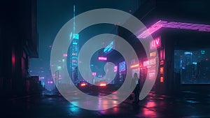 neon lights and signs in a futuristic cyberpunk city. futuristic structures in a cyberpunk city. Generative AI Illustration.