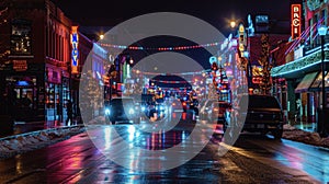 The neon lights and signs of local businesses lighting up the streets creating a vibrant and lively atmosphere that