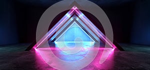 Neon Lights Triangle Glowing Purple Blue Sci Fi Virtual Futuristic Club Stage Alien Spaceship Concrete Cement Grunge Tunnel