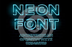 Neon lighy font. Vector glow typography realistic alphabet. Led lamp effect. Disco party fluorescent type