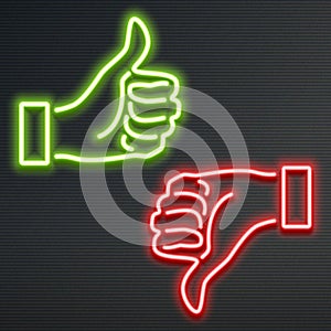 Neon like and dislike buttons, thumbs up & down, vector illustration design