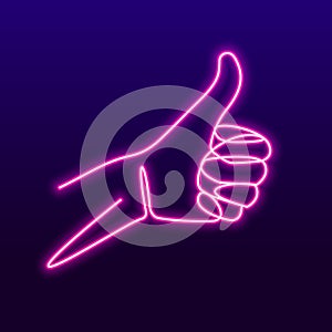 Neon like sign with glowing tubes, One line drawing of hand showing great sign. Continuous line finger up. Hand-drawn photo
