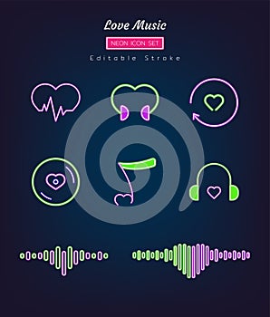 Neon line icon symbol set, music love, heart wave, sound, colorful glowing, Isolated vector design, editable stroke