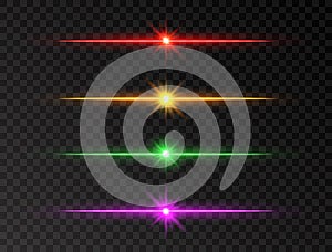Neon line set. Color shine beams. Glowing line set on transparent background. Realistic lens flare set. Flash with rays and spotli