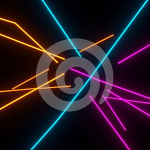 Neon lines in bright blue, orange, and magenta intersect against a black background. photo