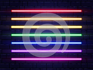 Neon lines collection on brick wall. Realistic led neon tube set. Rainbow borders. Bright design elements for