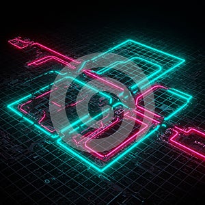 Neon lines form abstract circuit patterns on a dark grid background. The lines are