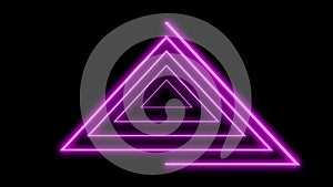 Neon lines triangles shape drawning on with full loop-ready rotation. Purple colored bright lines on black background.