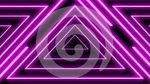 Neon lines triangles shape full loop. Purple colored bright lines on black background.