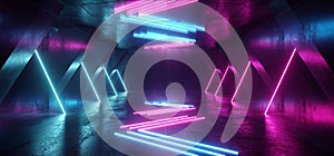 Neon Lines Tube Lights Futuristic Sci Fi Glowing Purple Blue Vibrant Laser Beams Showroom Concrete Dark Empty Background Tunnel