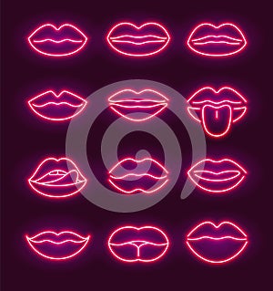 Neon lips kiss sign outline. Purple red sex day vector neon beauty background glow mouth
