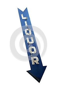 Neon Liquor Sign. Blue Neon Liquor arrow sign leading to the door of a Liquor Store. Liquor is enjoyed world wide.