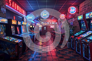 Neon-lit arcade with classic games and a snack bar