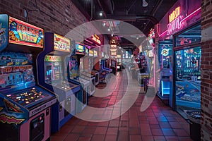 Neon-lit arcade with classic games and a snack bar