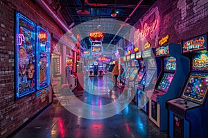 Neon-lit arcade with classic games and a snack bar