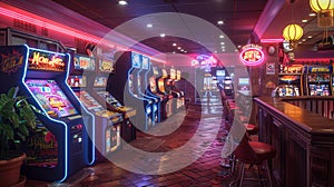 Neon-lit arcade with classic games and a snack bar3D render