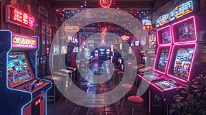 Neon-lit arcade with classic games and a snack bar3D render