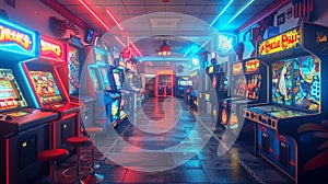 Neon-lit arcade with classic games and a snack bar3D render