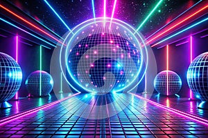 Neon Background Concept. Disco Neon Light Background. 3D Rendering photo