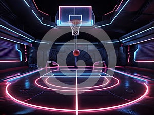 A neon-lit basketball court