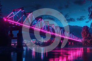 A neon lit bridge crossing a river at night