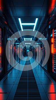 Neon Lit Corridor with Digital Data Servers