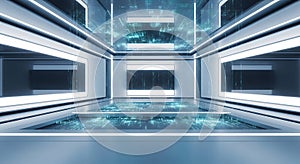 Neon lit cyber hallway with flowing blue data