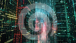 Neon-Lit Cybersecurity Skyscrapers in Futuristic Data City