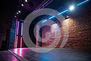 Neon empty stage with spotlight on brick wall