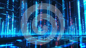 Neonlit financial forecast vibrant blue bars charting the pulse of markets in a virtual datascape