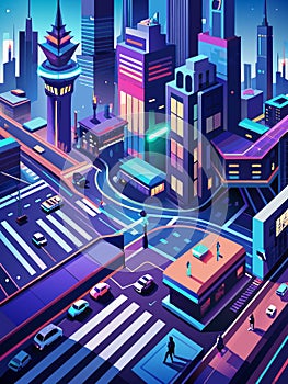 Neon-Lit Futuristic Cityscape at Twilight with Urban Traffic