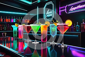 neon-lit futuristic cocktails casting vibrant glows on a slick polished bar surface
