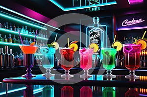 neon-lit futuristic cocktails casting vibrant glows on a slick polished bar surface