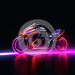 Neon-lit futuristic motorcycle concept design on black background