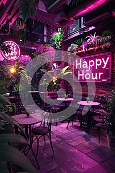 Neon-lit Happy Hour sign in an indoor garden bar.