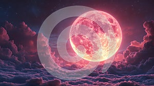 Neon-lit holographic moon glowing in a pastel sky creating a dreamy atmosphere for visual effects or fantasy scenes photo