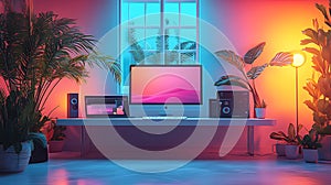 Neon-lit home office workspace with tropical plants