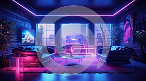 Neon-lit modern living room at night with urban cityscape view