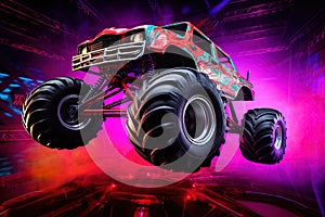 Neon-Lit Monster Truck in Action in Mid-Air