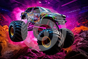 Neon-Lit Monster Truck in Action in Mid-Air