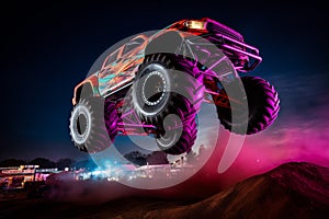 Neon-Lit Monster Truck Mid-Air at Night Show