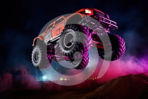 Neon-Lit Monster Truck Mid-Air at Night Show