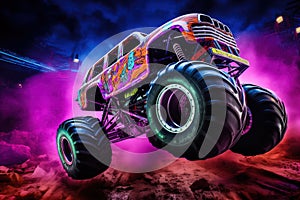 Neon-Lit Monster Truck Mid-Air at Night Show