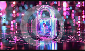 Neon-lit padlock with data lines and binary code in digital space
