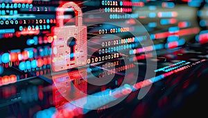 Neon-lit padlock with data lines and binary code in digital space