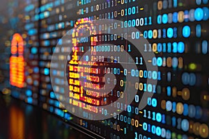 Neon-lit padlock with data lines and binary code in digital space