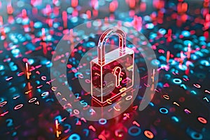 Neon-lit padlock with data lines and binary code in digital space