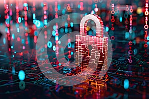 Neon-lit padlock with data lines and binary code in digital space
